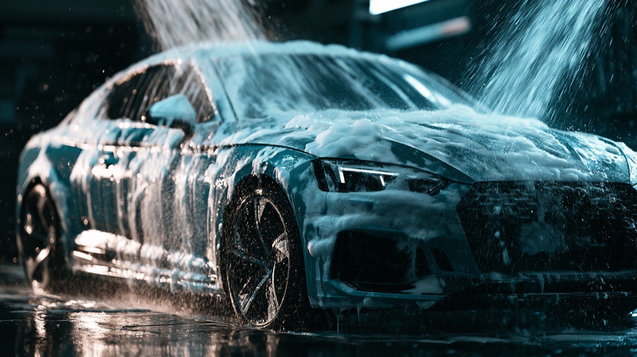 A car exterior being hand washed